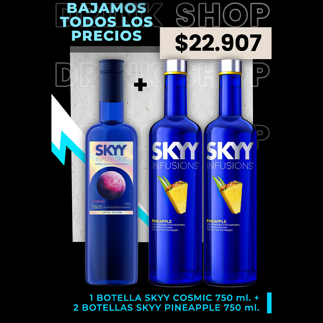 1 botella Skyy Cosmic 750 ml. + 2 botellas Skyy Pineapple 750 ml.
